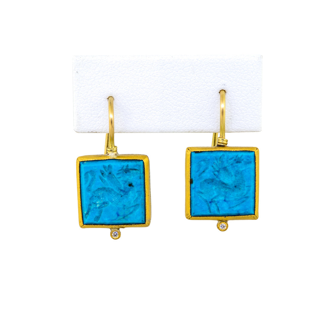 24kt Gold and Sterling Silver Carved Turquoise Pegasus Intaglio Earrings
