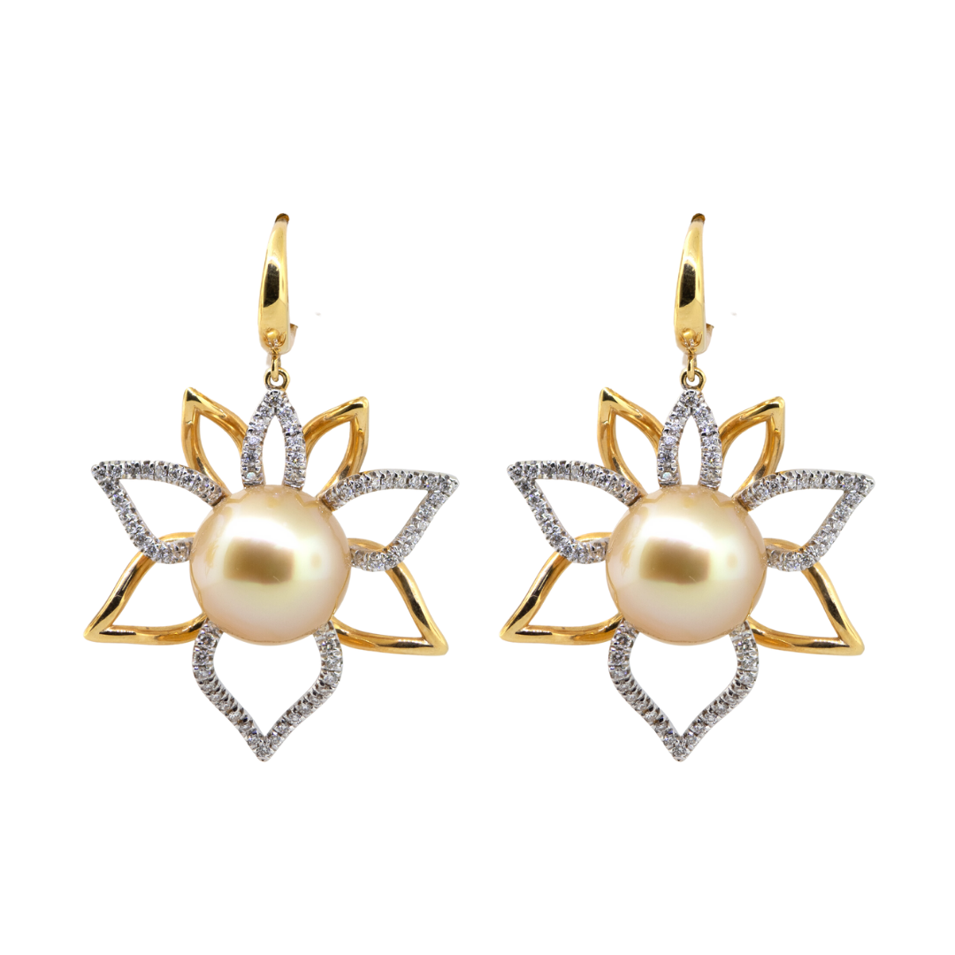 18K Dangle Earrings with 13-mm Gold South Sea Pearls & Diamonds