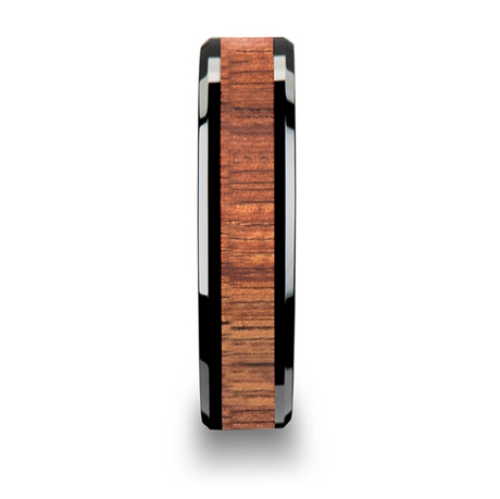 Acacia Koa Wood Inlaid Black Ceramic Ring with Bevels