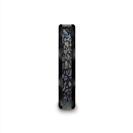 Permian Blue Dinosaur Bone Inlaid Black Ceramic Beveled Edged Ring