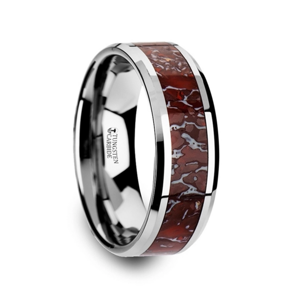Jurassic Red Dinosaur Bone Inlaid Tungsten Carbide Beveled Edged Ring