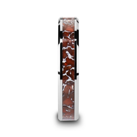Jurassic Red Dinosaur Bone Inlaid Tungsten Carbide Beveled Edged Ring