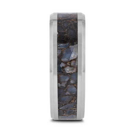 Devonian Blue Dinosaur Bone Inlaid Tungsten Carbide Beveled Edged Ring