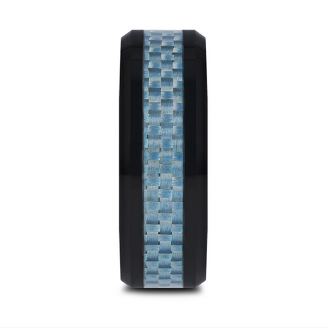 Atticus Blue Carbon Fiber Inlaid Black Ceramic Ring with Bevels