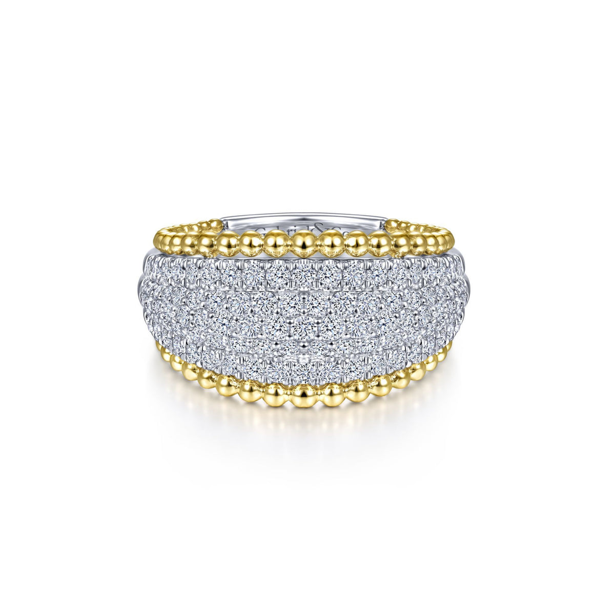 14K White-Yellow Gold Wide Diamond Pavé Band with Bujukan Bead Border