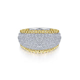 14K White-Yellow Gold Wide Diamond Pavé Band with Bujukan Bead Border