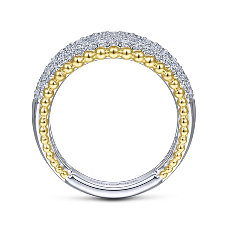 14K White-Yellow Gold Wide Diamond Pavé Band with Bujukan Bead Border
