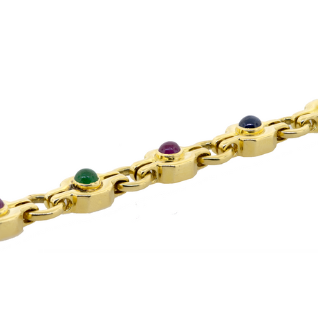 18KY 39.60gm Fancy Link Bracelet w/ Ruby, Sapphire and Emerald Cabochons