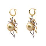 18K Dangle Earrings with 13-mm Gold South Sea Pearls & Diamonds