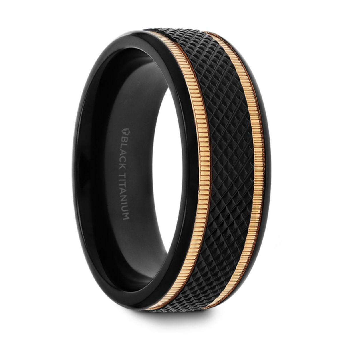 Baroque Black Titanium Diamond Pattern Brushed Finish Men’s Wedding Ring With Gold Milgrain Grooves