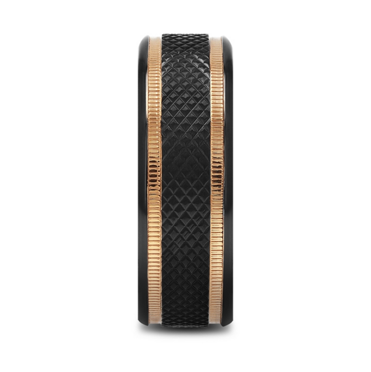 Baroque Black Titanium Diamond Pattern Brushed Finish Men’s Wedding Ring With Gold Milgrain Grooves