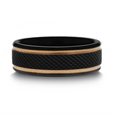 Baroque Black Titanium Diamond Pattern Brushed Finish Men’s Wedding Ring With Gold Milgrain Grooves