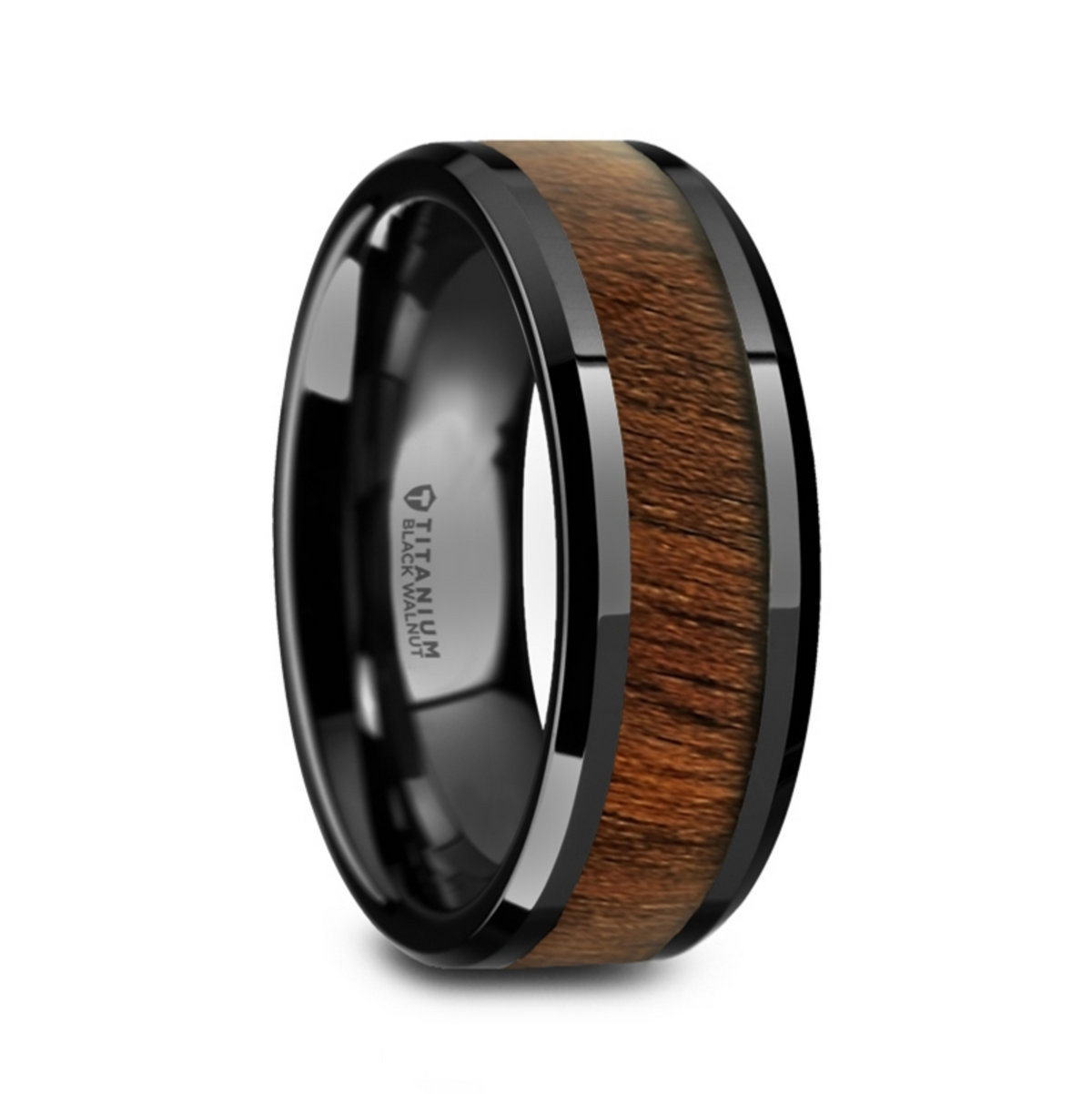 Kony Black Titanium Polished Beveled Edges Black Walnut Wood Inlaid Men’s Wedding Ring