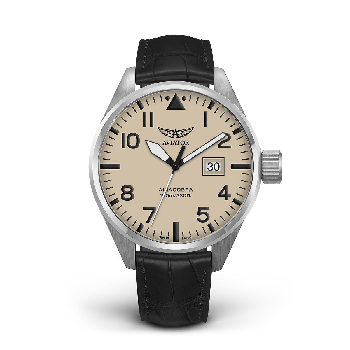 Aviator Airacobra P42 watch with brown leather strap