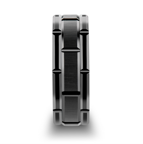 Windsor Beveled Black Tungsten Carbide Wedding Band with Brush Finished Center and Alternating Grooves
