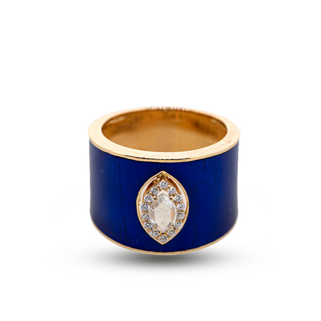 18KR Diamond Fashion Ring w/ Blue Enamel