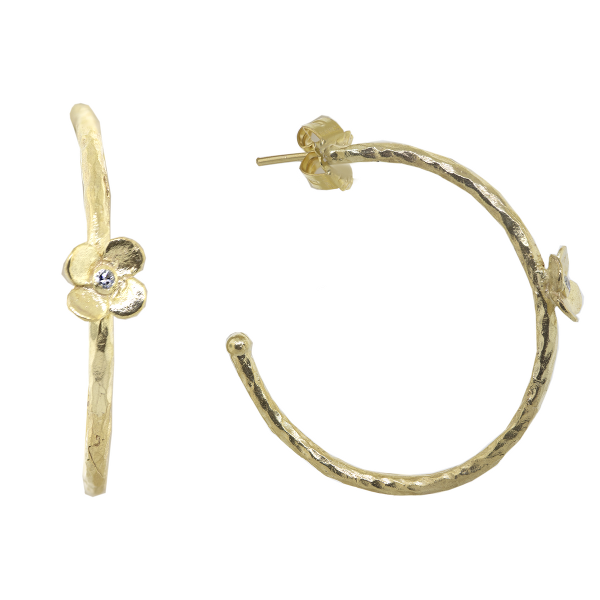 Hammered Finish 18KY Hoops w/ Small Flower Set Diamond
