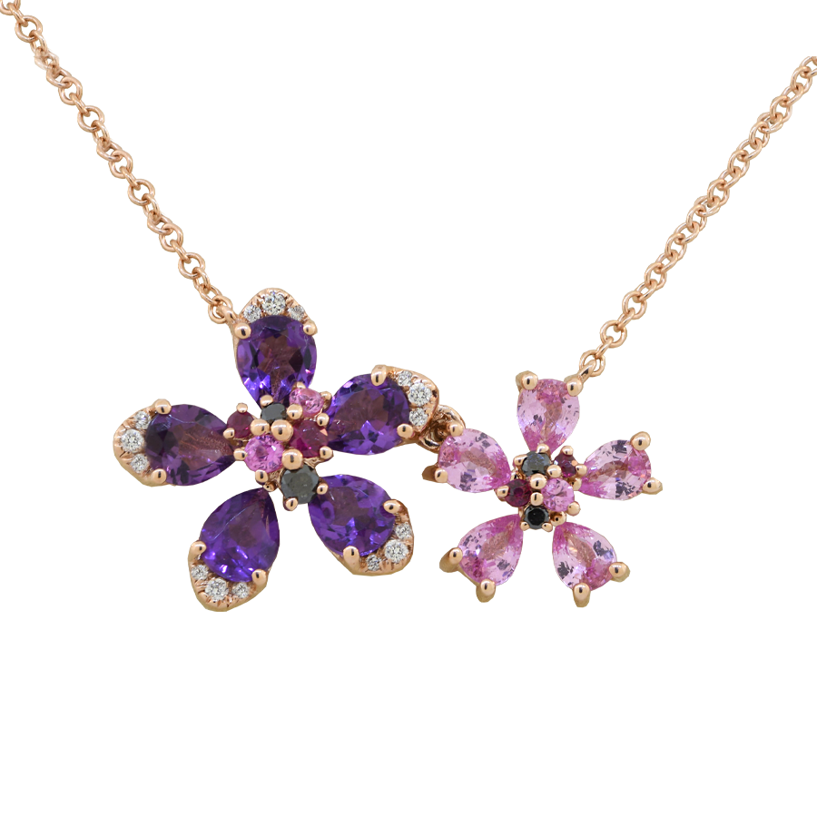 14K Rose Gold Amethyst Pink Sapphire Flower Necklace with Diamonds