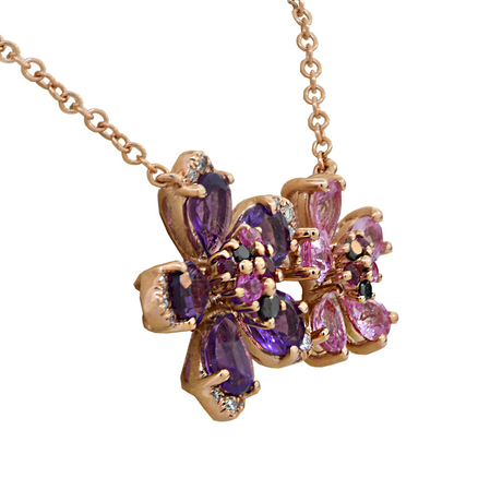 14K Rose Gold Amethyst & Pink Sapphire Flower Necklace with Diamonds